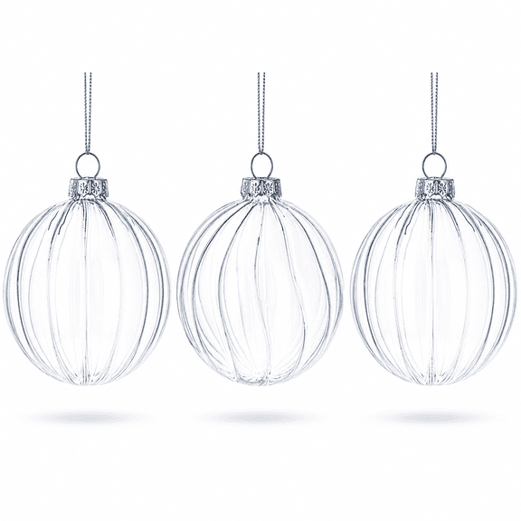 Elegant Set of 3 Striped Clear Glass Ball Christmas Ornaments 3.5 Inches