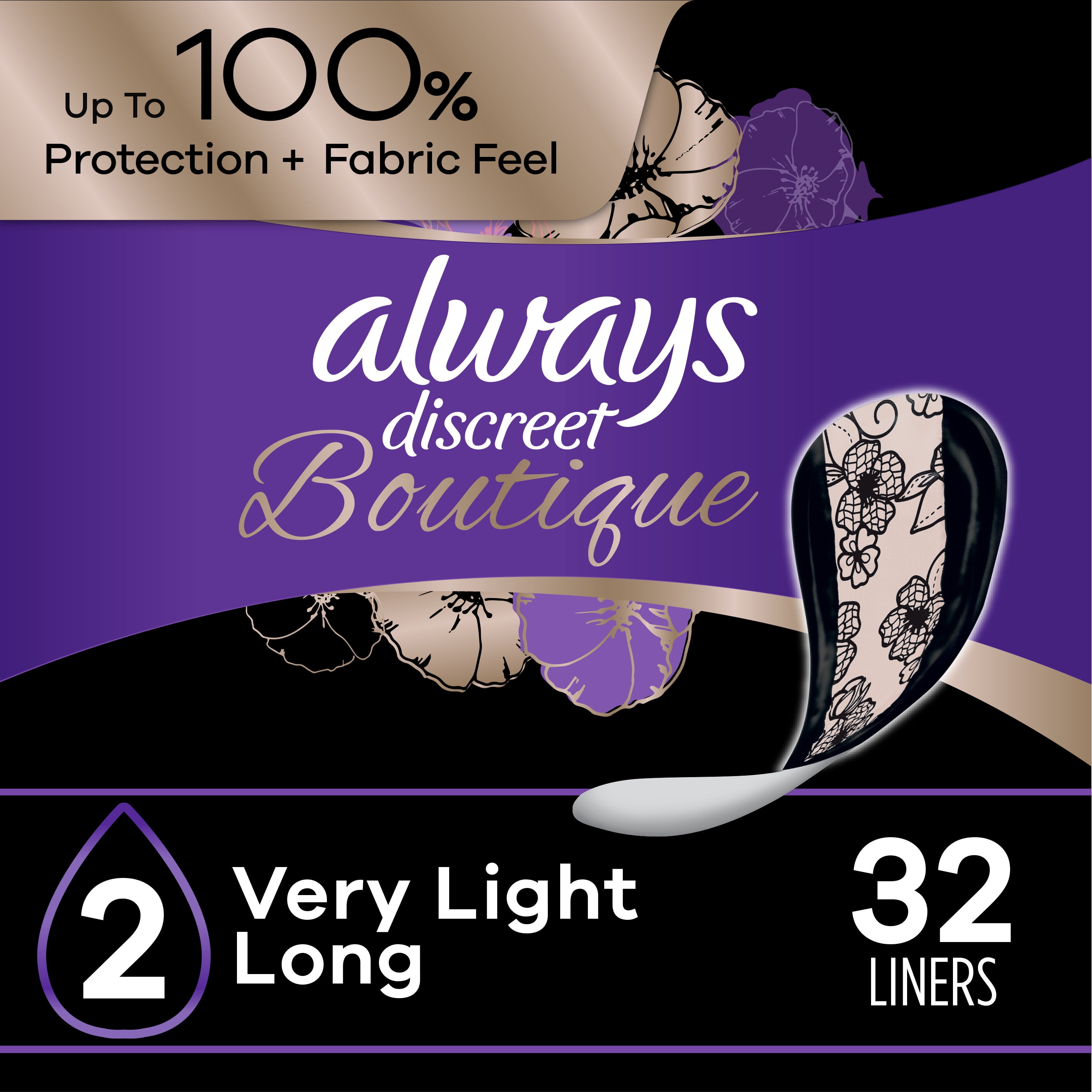 Always Discreet Boutique Incontinence Liners, Very Light Absorbency, Long Length, 32 Count