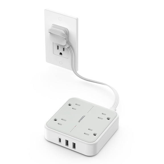 Surge Protector Flat Extension Cord 1ft Ring Plug Power Strip With 4 Outlets 3 Usb Ports (1 C) 900 Joules Protection Multiple Wall Outlet Extender Suitable For Home Office Dorm Grey