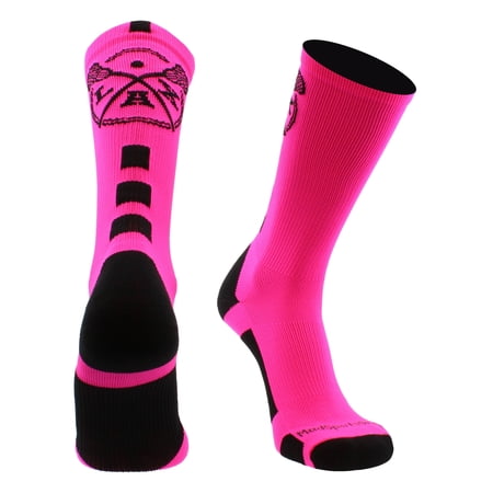 LAX Lacrosse Socks with Lacrosse Sticks Athletic Crew Socks (Neon Pink/Black, Medium)