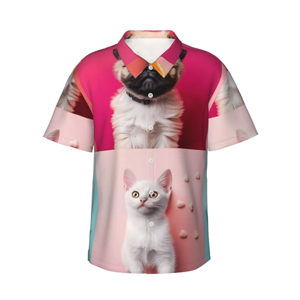 Balery Colorful Dog Cat Collage Camisas hawaianas de manga corta para hombre, camisas playeras de corte holgado, camisas de vacaciones con botones,Small