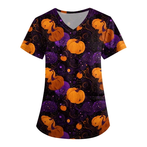 Womens Printed Scrub Tops Halloween V Neck Medical Nursing Uniform Tunic Loose Fit Casual Workwear Black M