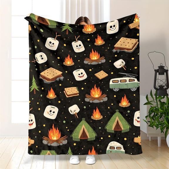 Cozy Camping Fleece Throw Blanket Suitable for all-Season Soft Plush Bedspread with Marshmallow & S'mores Design, Vintage Vans - Heavyweight 280GSM /Outdoor Bedspread for s &