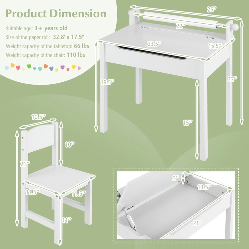 Resenkos Wooden Kids Table and Chair Set with Storage and Paper Roll Holder-White, Small Folding Table for Arts & Crafts, Snack Time, Homeschooling, Homework