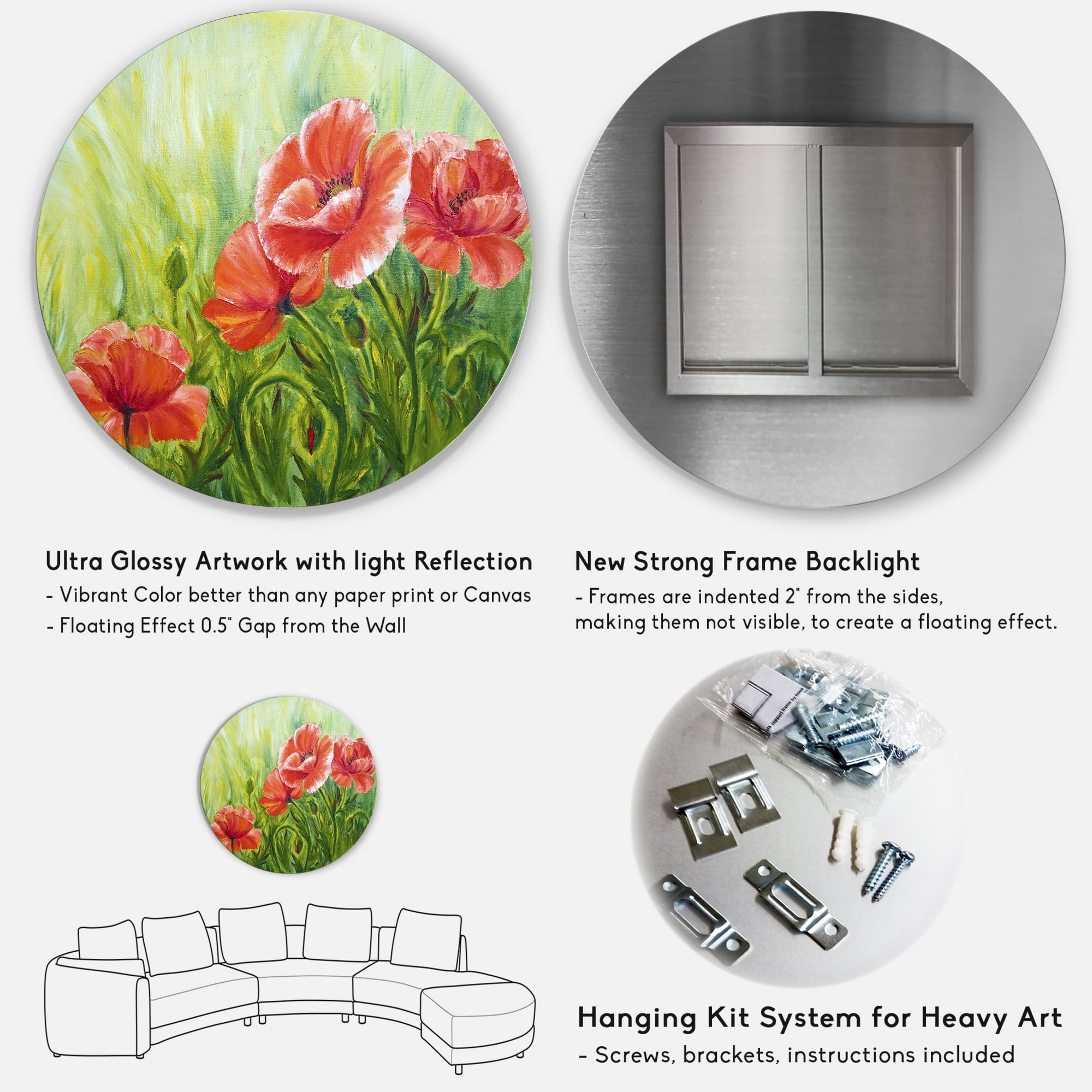 Designart 'Red Blossoming Poppies Over Wild Green III' Traditional Circle Metal Wall Art 11x11 - Disc of 11