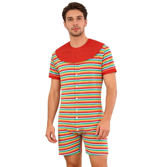 iixpin Men's One Piece Sleepwear Nightwear Short Sleeve Romper Striped Pajamas Bodysuit Homewear Rainbow XL
