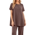 thumbnail image 4 of Costeam Womens Solid Two Piece Co Ord Set Flutter Short Sleeve Tunic Top Wide Leg Long Pants Dual Side Pockets Soft Knit Loose Fit Casual Loungewear Outfit, 4 of 5