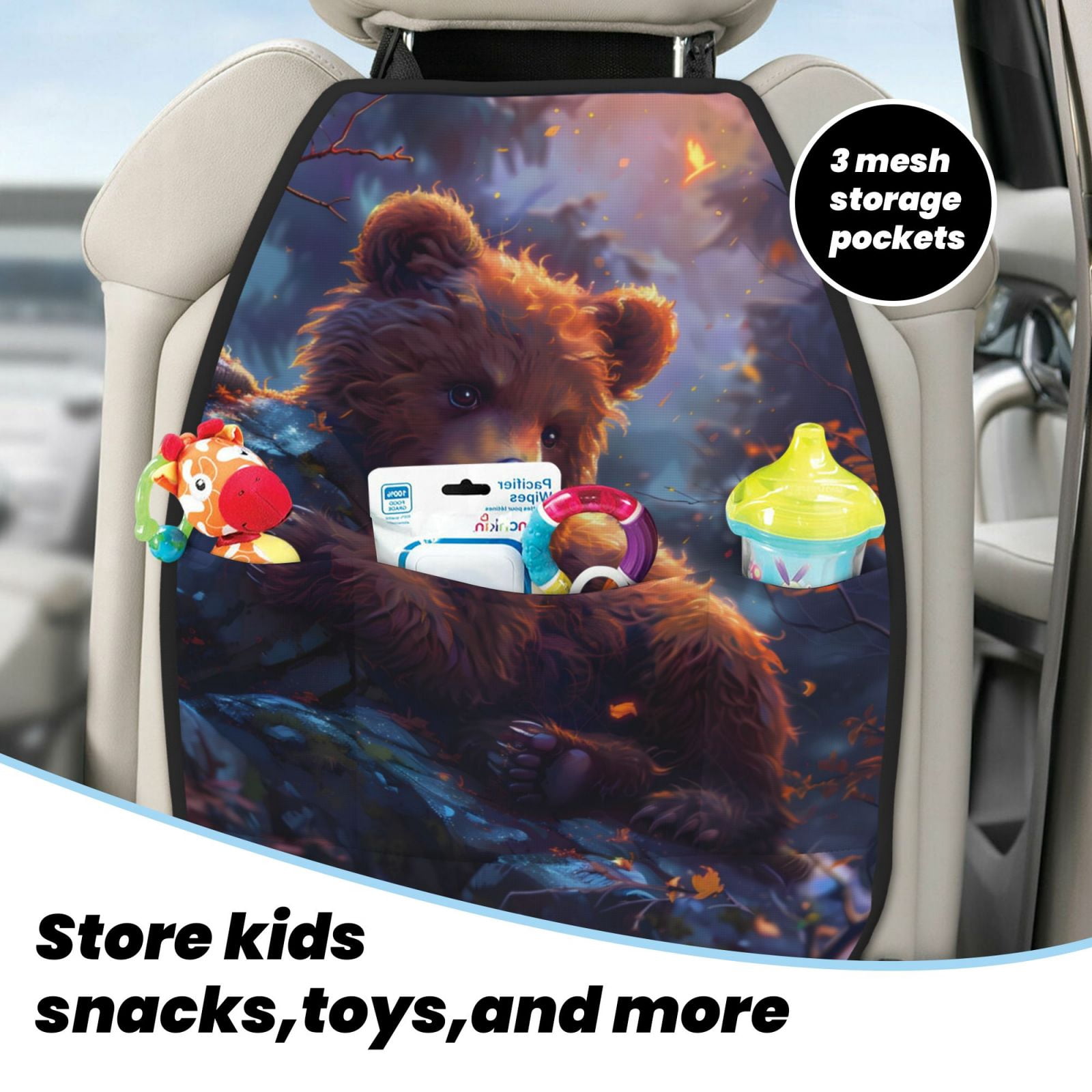 Xecao Lazy Stone Bear Pattern Car Seat Back Protector 2 Pack Large Capacity Pocket, Kick Mats Back Seat Protector