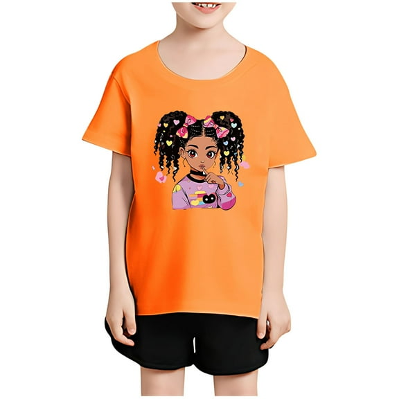 Piuwrlz T-Shirts Tops for Kids Girls Short Sweatshirt Sleeve Printed Round Neck Blouses T Shirt Top Orange Size 6 Years