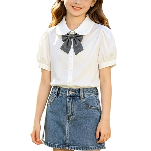ZACPNCV Girls Short Sleeve Blouse Peter Pan Collar Bow Shirt Puff Cuff Wrinkle Resistant School Uniform Button Down Shirt White