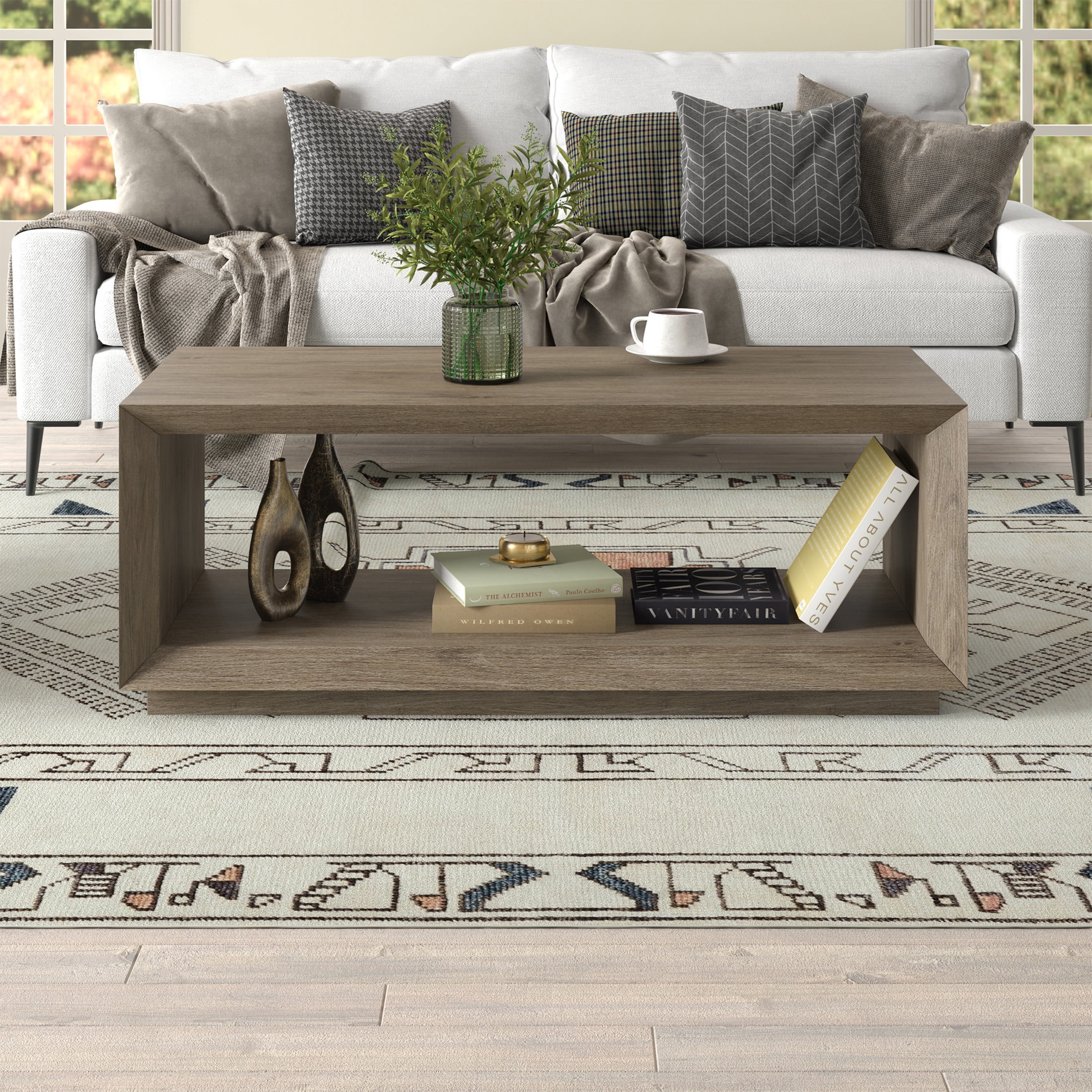 Evelyn&Zoe Tannen 48" Wide Rectangular Coffee Table, Antiqued Gray Oak