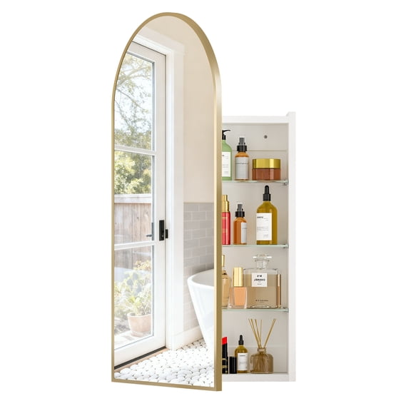 Hironpal Arched Medicine Cabinet with Mirror, 16"x31" Bathroom Mirror Cabinet with Storage, Wall-Mounted,Gold