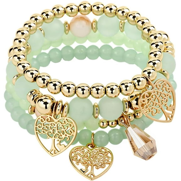 4Pcs Green Stackable Bracelets Tree of Life Beaded Bracelet Sets Spring Summer Stack Beads Acrylic Glass Boho Stretch Charms Jewelry Decorations for Summer Beach Party Supplies Women