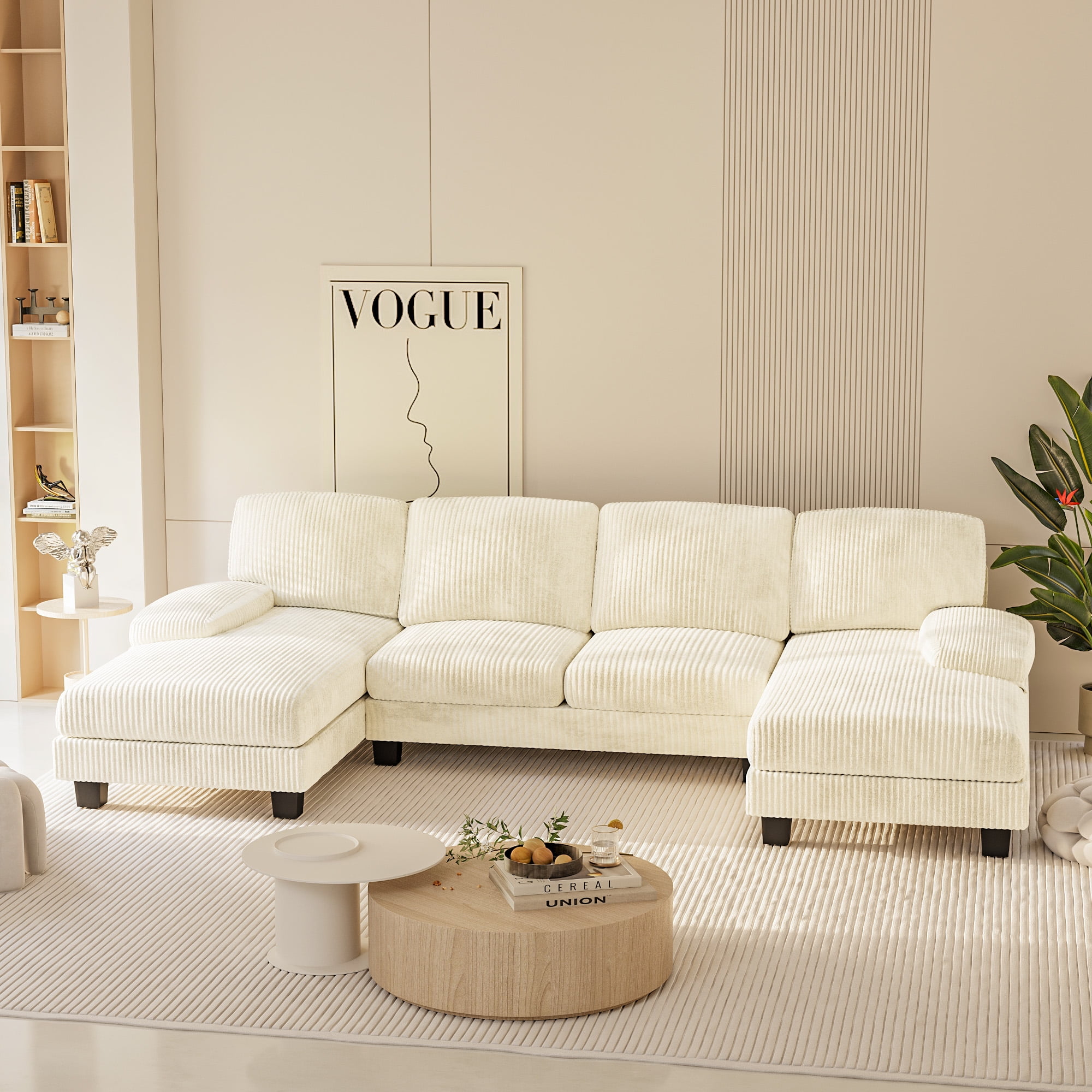 Homall U Shaped Sectional Sofa with Soft Corduroy Sofa Couch with Double Chaise for Apartments,Living Room, Corduroy Beige