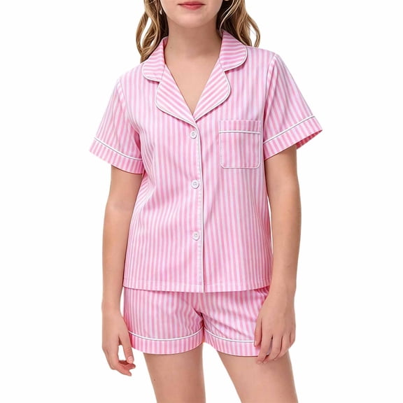 RMGVDSD Girls' Clothing Sets Girls Summer Sleepwear Short Sleeve Button Down Shirt Top With Shorts Pajamas Two Piece Outfit Printed Comfy Nightwear 2-3 Years