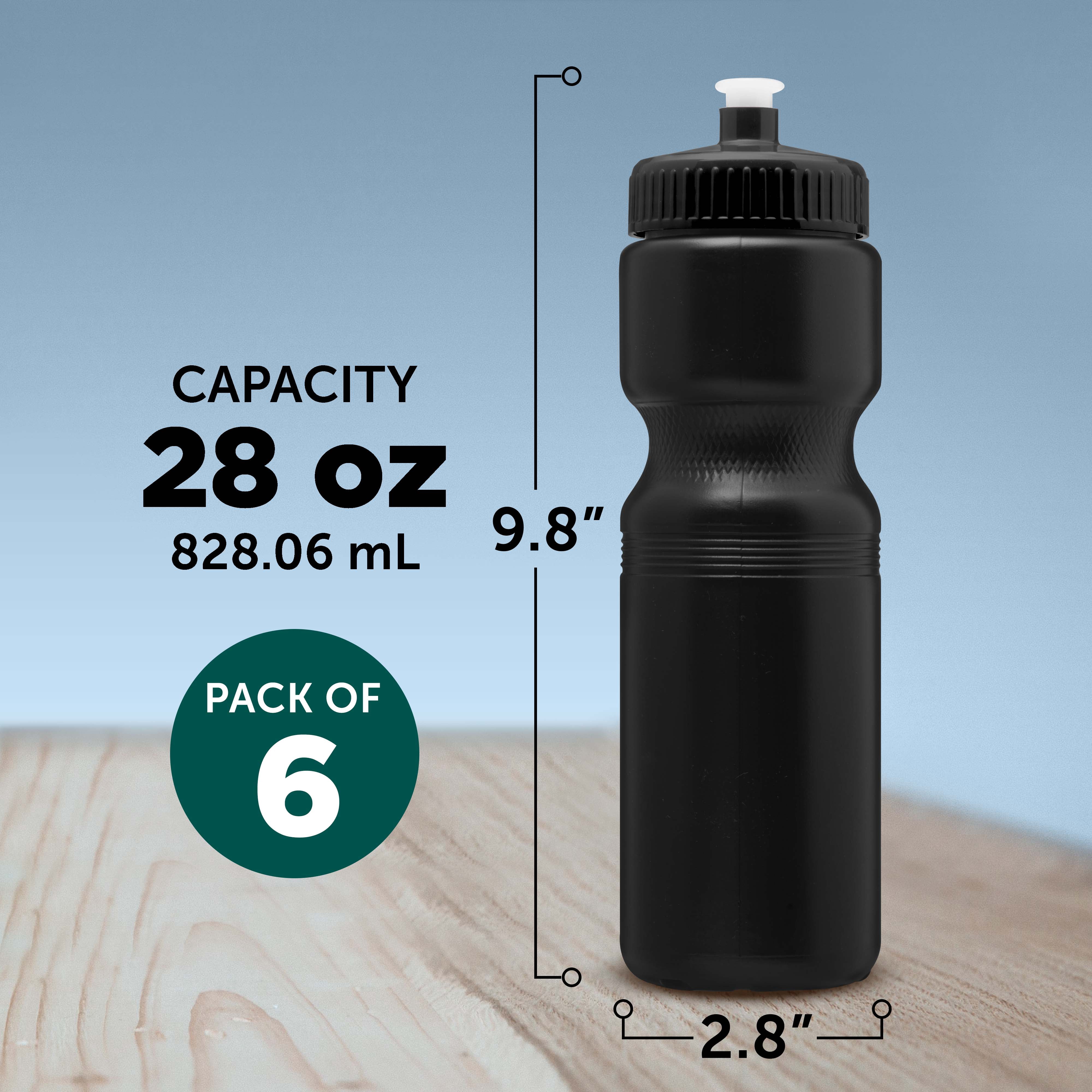 Water Bottles with Push Cap 28 oz. Set of 6, Bulk Pack - Reusable, Great for Gym, Hiking, Cycling, School - Black