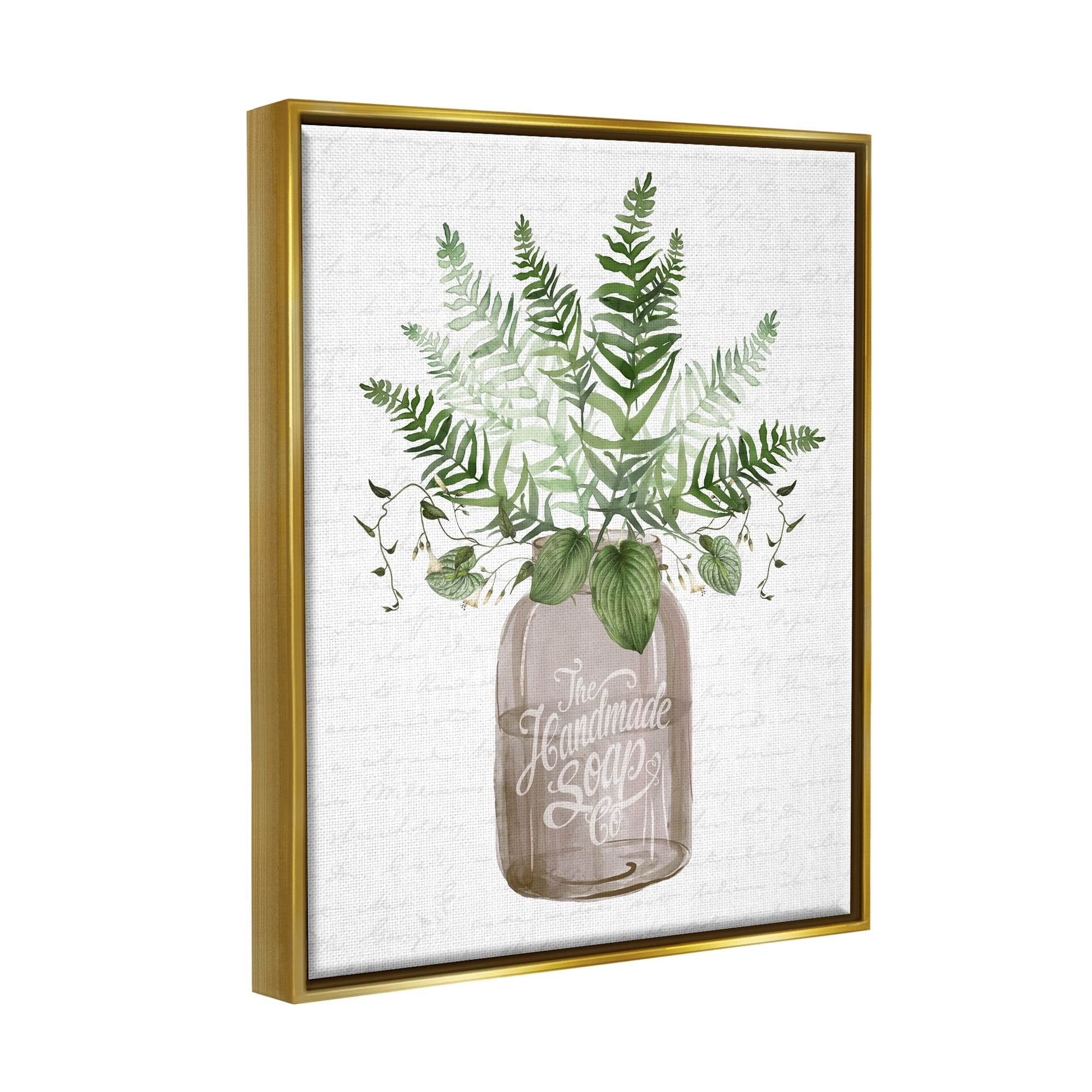 Stupell Industries Mixed Green Leaves Botanical Bouquet Jar Cursive Graphic Art Metallic Gold Floating Framed Canvas Print Wall Art, Design by Lettered and Lined