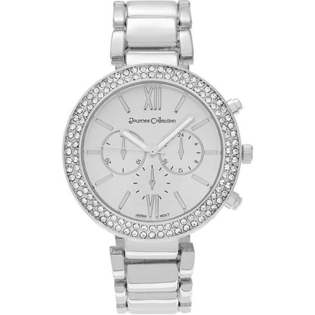 Journee Collection Women's Rhinestone Paved Roman Numeral Dial Link Bracelet Fashion Watch, Silver