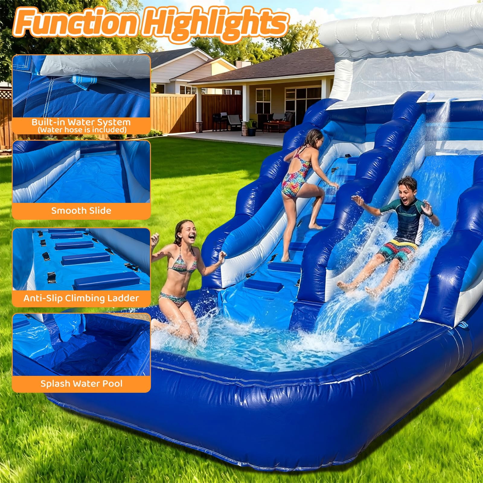 18’(L) Inflatable Water Slide Commercial Grade PVC with Detachable Slide Climbing Ladder and Pool, Giant Inflatable Wet Dry Use, Blow Up Water Slides for Backyard Outdoor, Party, Rental, Gift