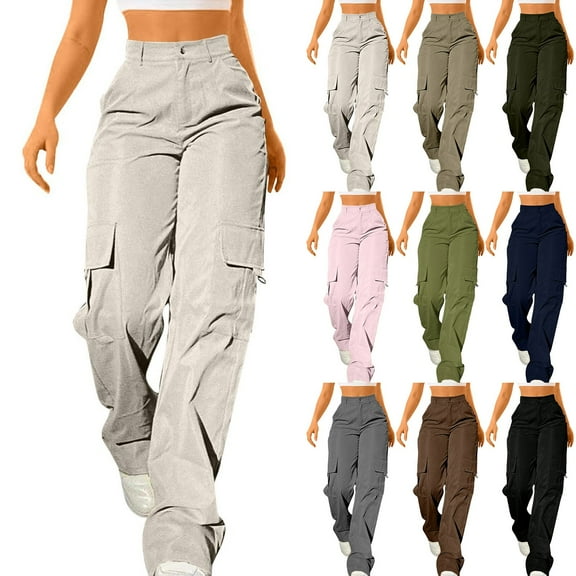 Women's Cargo Style Straight Leg Pants with Elastic Waist and Multiple Pockets Comfortable Loose Fit Trousers