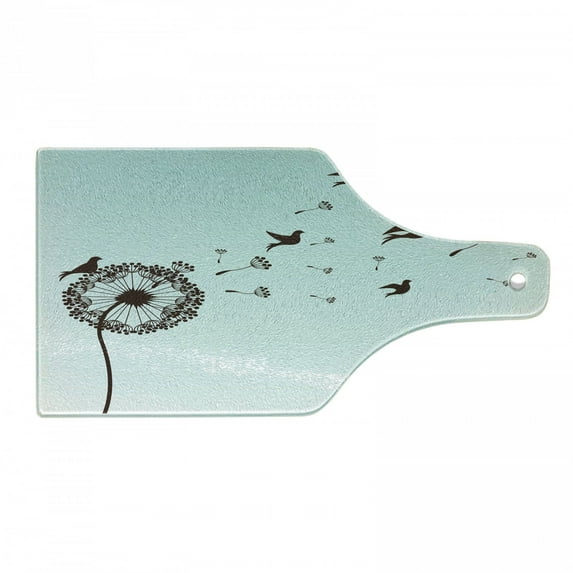 Art Cutting Board, Dandelion Flower Arrangement Petals Doves Flying Silhouettes Fantasy Blooms Print, Tempered Glass Cutting and Serving Board, Wine Bottle Shape, Turquoise Brown, by Ambesonne