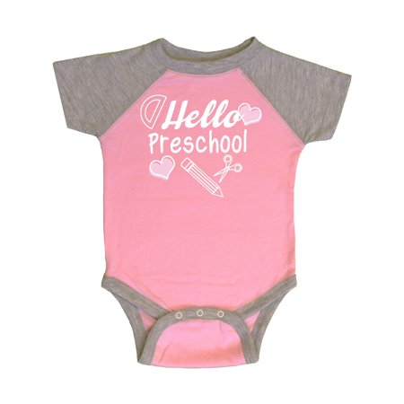 

Inktastic Hello Preschool with Hearts and School Supplies Gift Baby Boy or Baby Girl Bodysuit