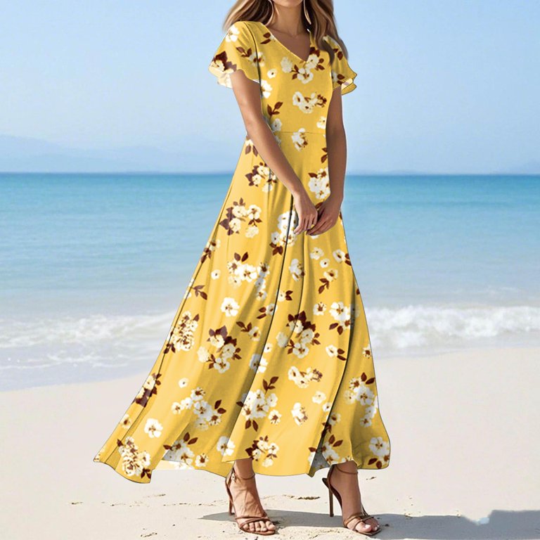 vigerkar Women's Floral Print Chiffon Dress Midi Length casual Dresses,  Spring/Summer 2025 Yellow, XXL - Walmart.com