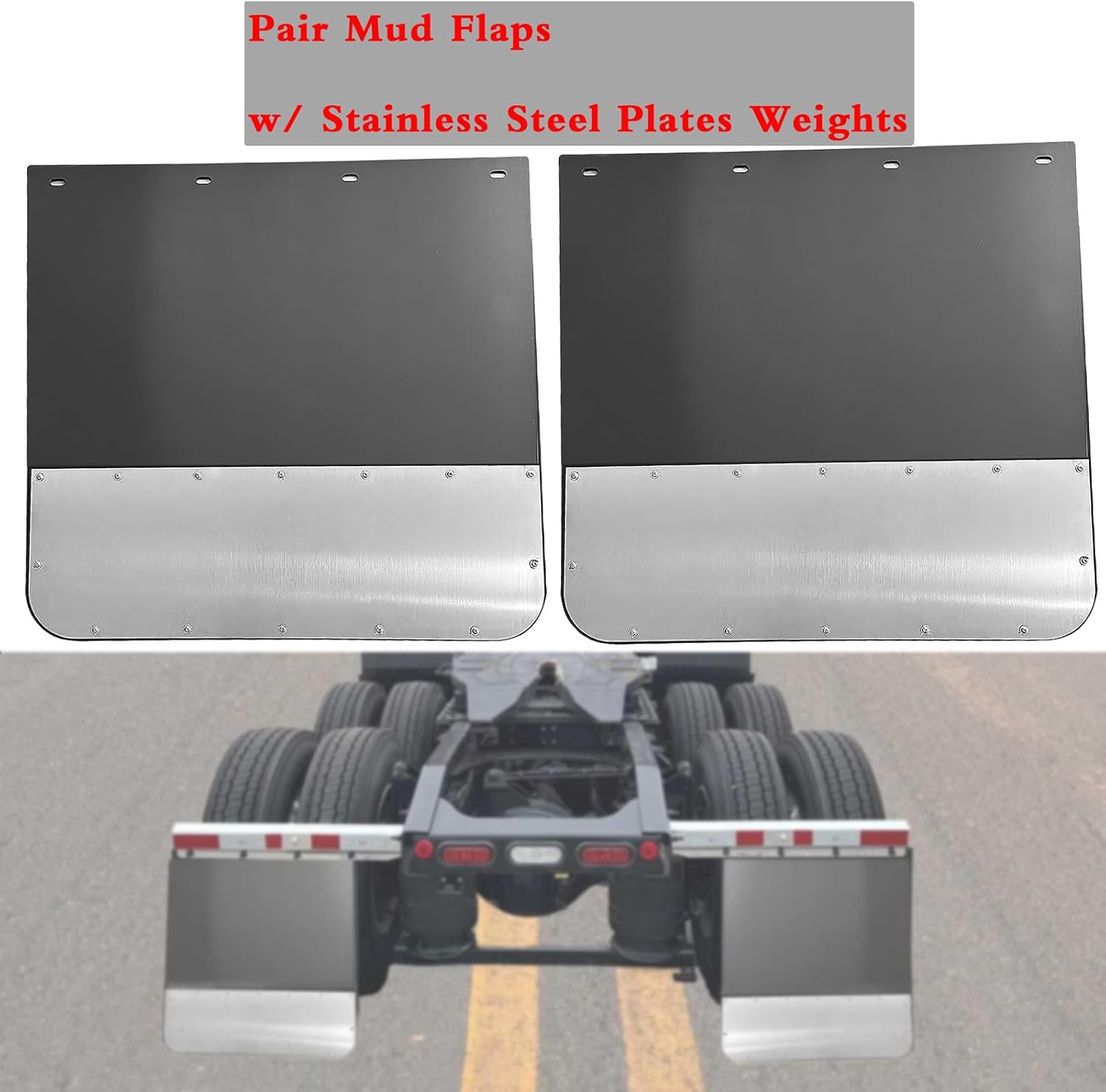 Pair Universal 24" x 24" Mud Flaps w/Stainless Steel Weight for Semi-Truck Trailer Truck, Splash Guard with Heavy Duty Mud Flap Weights Bottom (24in x 24in)