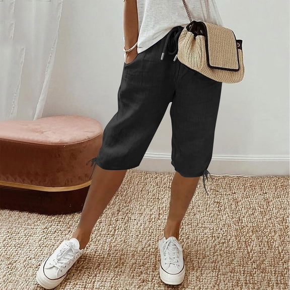 Dwellite Womens Bermuda Shorts Knee Length Elastic Waist Drawstring Linen Lightweight Summer Long Shorts with Pockets Black 3XL