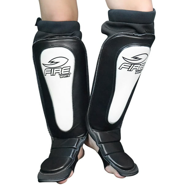 Par de Espinilleras de Piel Tipo Calceta MMA Fire Sports, Kick Boxing, Muay Thai, Negro