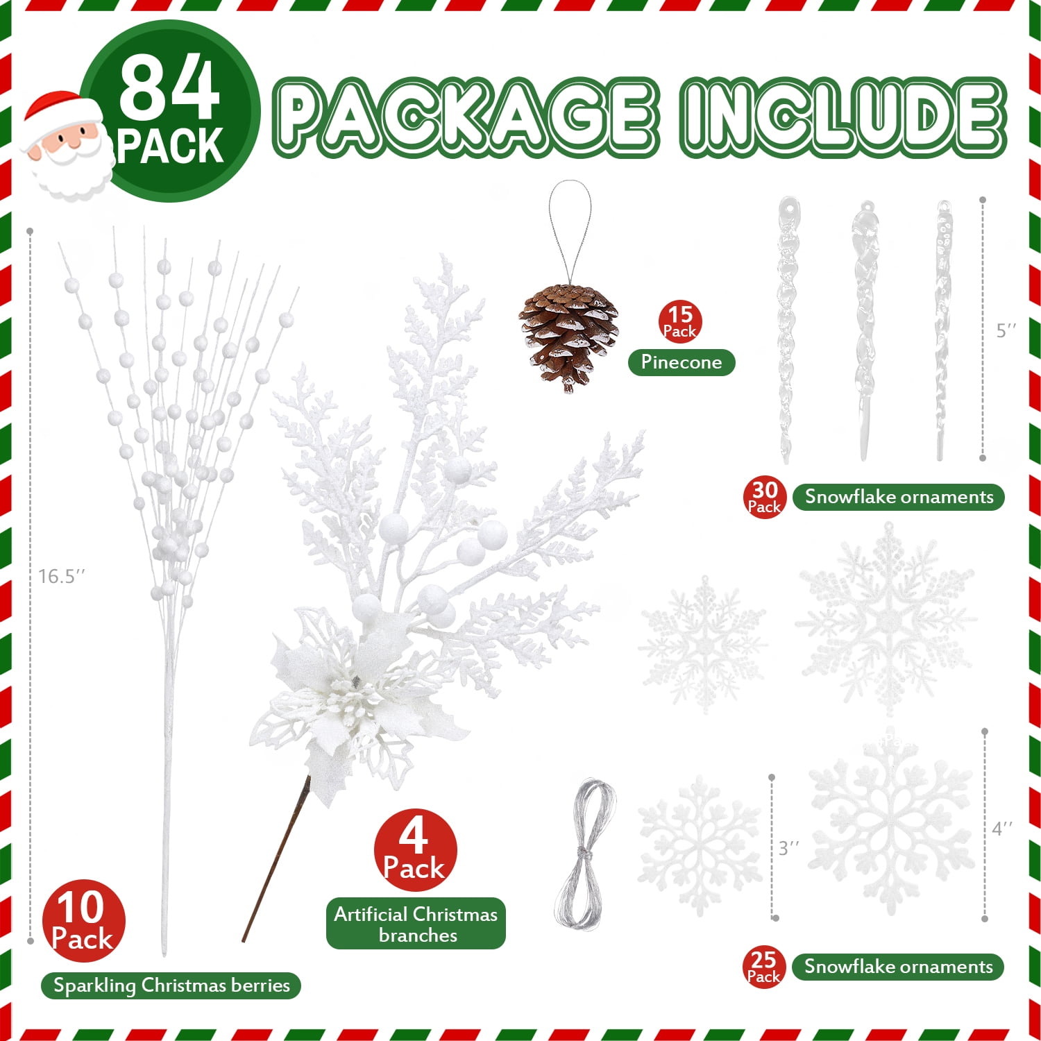 Ayieyill 84Pcs Christmas Tree Decorations Flowers, Artificial Glitter Berry Stems Christmas Pine Cones, Snowflake Icicle Drop Crystal Ornaments (White)