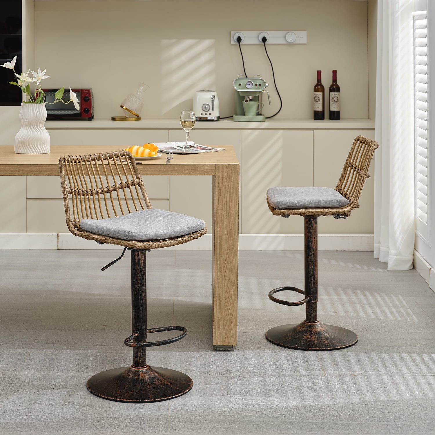 Demi Bonn 35" Counter Height Bar Stools Set of 2, Rattan Swivel Barstools with Back, Kitchen Island Countertop Chairs for Dining Room, Gray