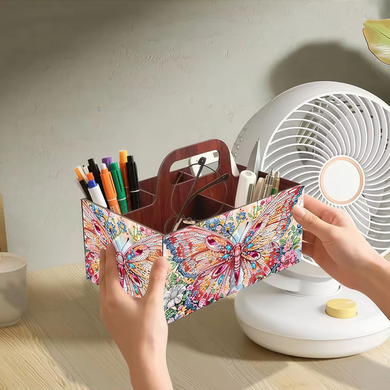 FLOPESN DIY Butterfly Diamond Art Painting 5 compartments Wooden Storage Box, 9.44*8.14in, Practical Rectangular Assembly Portable Multi-Grid Box