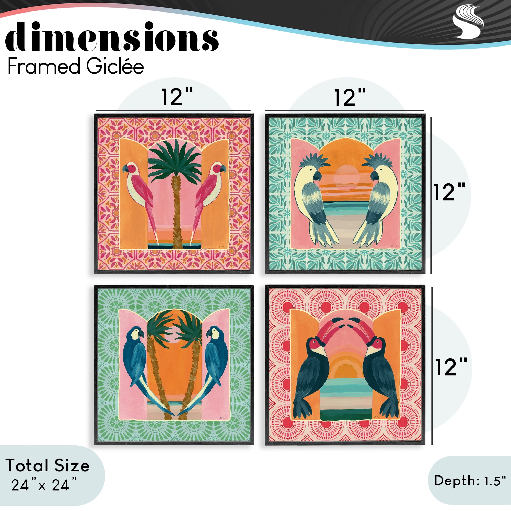 Stupell Industries Patterned Twin Bird Symmetry 4 Piece Black Framed Giclee Art Set, design by Yvette St. Amant