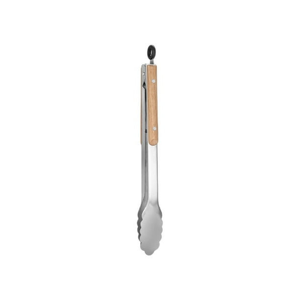 Pinzas de acero inoxidable para alimentos | Mango ergonómico de madera de 44 cm | Agarre antideslizante de alta resistencia | Bordes festoneados para servir pan y bistec | Utensilio de cocina con