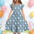 thumbnail image 1 of EGNMCR Robe à Manches Courtes Col Rond Robe d'Été pour Enfants à Manches Plissées Double Couche Imprimée pour Enfants de 5 à 14 Ans, 1 of 7
