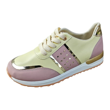 

GWAABD Womens Shoes Ladies Fashion Color Blocking Leather Round Head Lace Up Flat Casual Sports Shoes