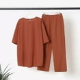 thumbnail image 2 of Turilly Two Piece Outfits for Women Plus Size Summer Solid Short Sleeve Round Neck Tops Women's Elastic Waist Long Pants Suit Two Piece Set, 2 of 6