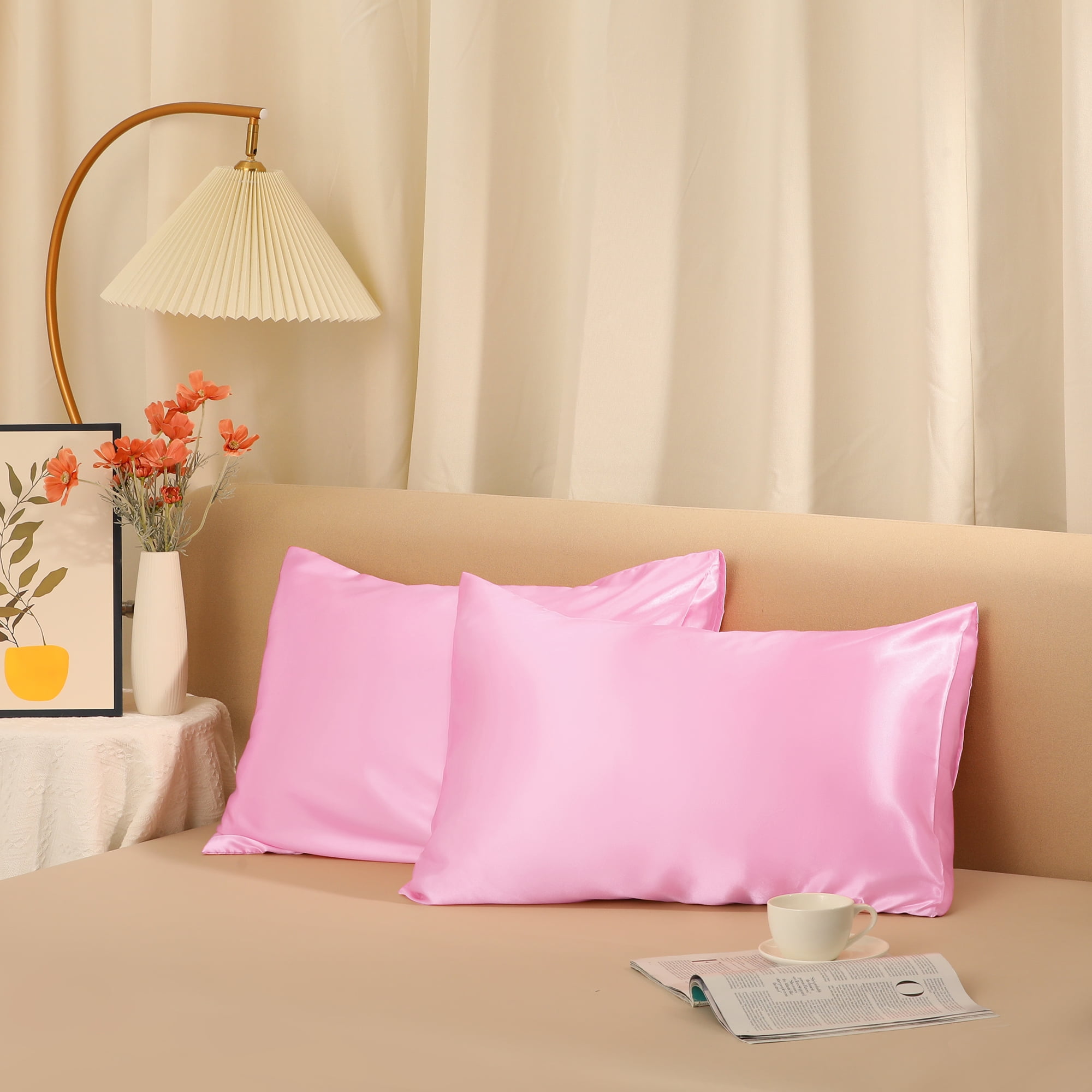 Unique Bargains Envelope Closure Breathable and Soft Satin Pillowcase (2 Count) Light Pink Standard