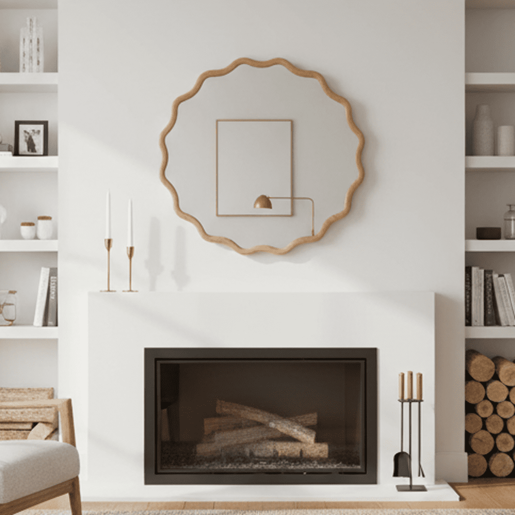 24-Inch Wavy Round Solid Wood Frame Mirror, Decorative Wall Mirror and Vanity Mirror for Bedroom Bathroom Living Room Entryway, Natural Wood