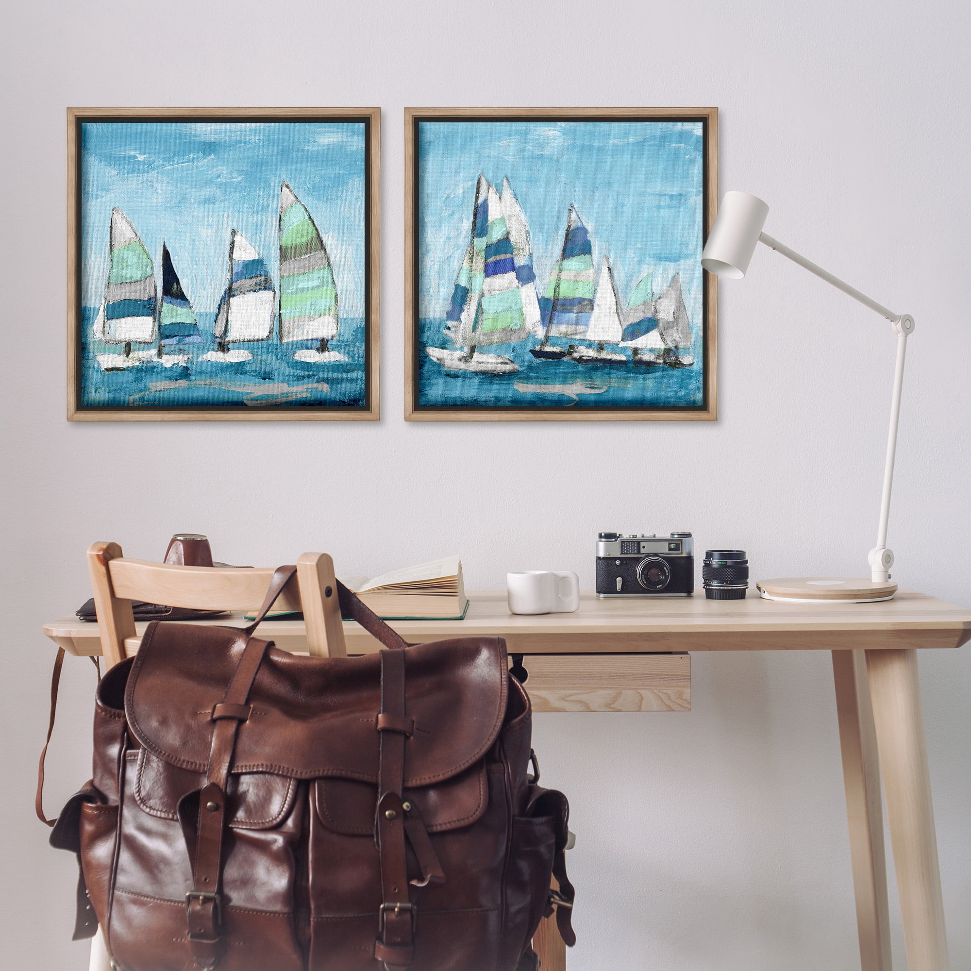 Stupell Industries Soothing Sailboats Drifting Marina Nature Painting Brown Floater Framed Canvas Art Print Wall Art, 25 x 25, Set of 2