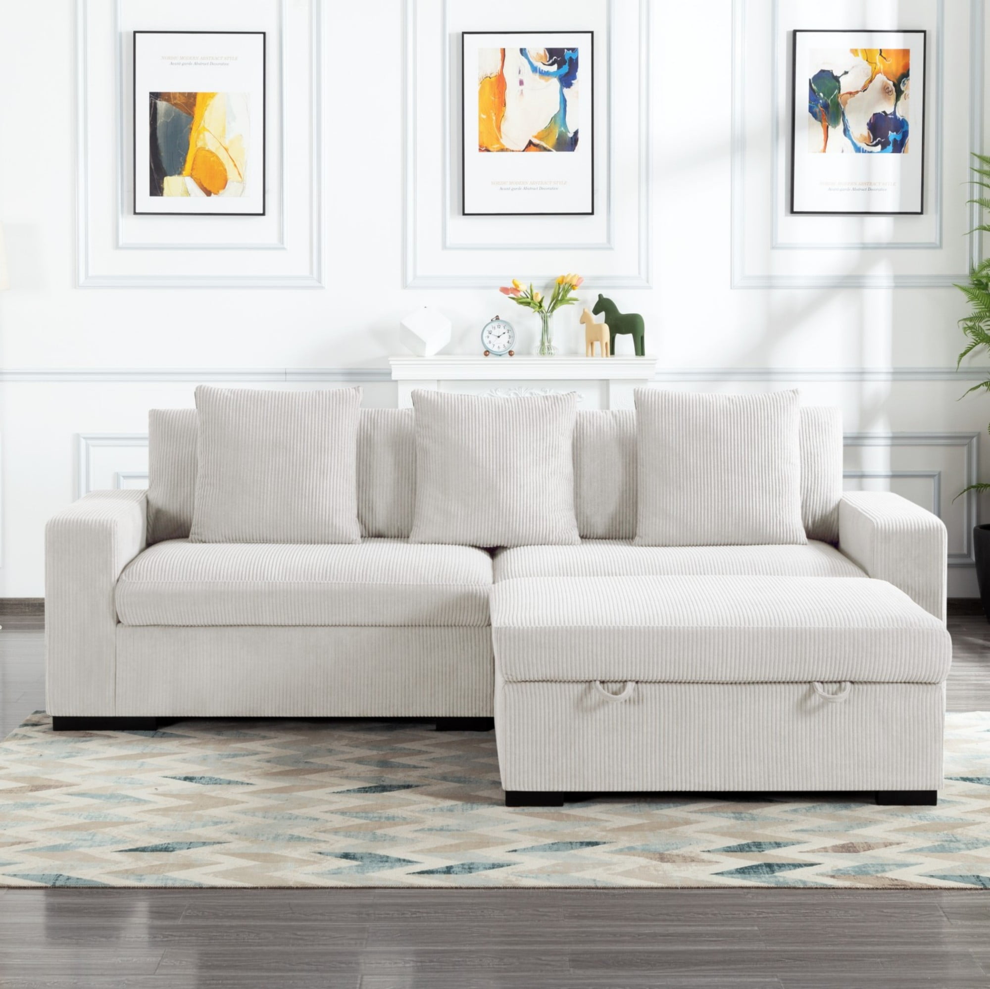 Gewnee 103.5-Inch Modular Corduroy Sofa Set with Solid Wood Legs, High-Density Foam, Suitable for Living Room/Bedroom/Office