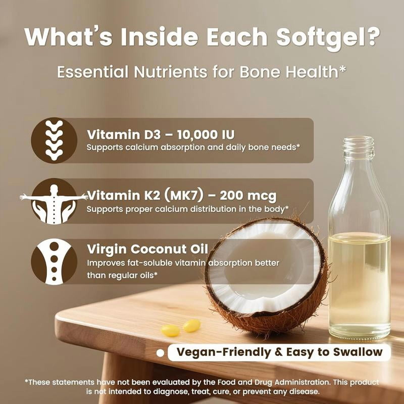 Vitamin D3 K2 Supplement with Coconut Oil, 10000 IU Vitamin D3 & 200 mcg Vitamin K2, Supports Bone, Immune & Heart Health, 300 Softgels