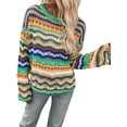 thumbnail image 2 of Women'S Colorful Sweater Crochet Open Knit Long Sleeve Crew Neck Oversized Sweater Green XL, 2 of 10