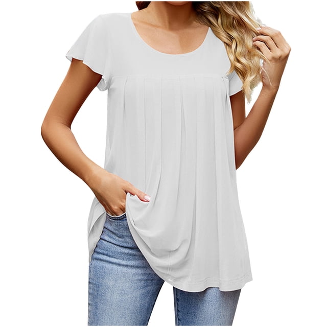 AherBiu Womens Chiffon Tunic Tops to Wear with Leggings Cap Sleeve Ruched Loose Ruffle Shirt Blouse