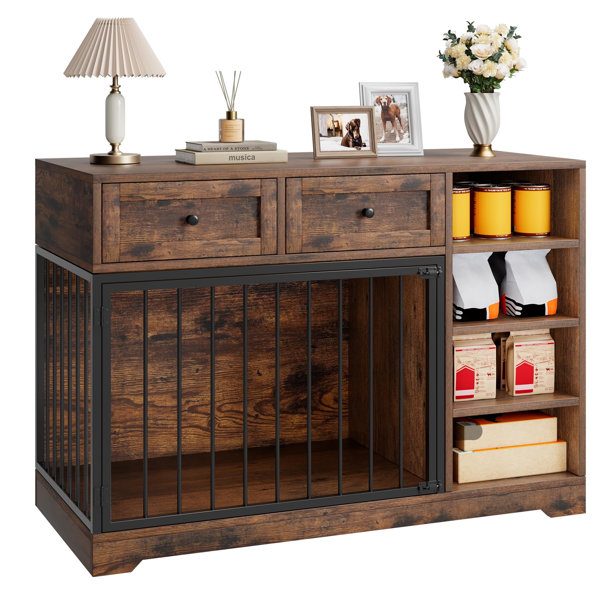 PYY Multi-Functional Wooden Dog Crate Furniture – 2 Drawers & 4 Shelves, TV Stand Design, Indoor Dog Bed for Small, Medium, Large Dogs, Home Office – Classic Color