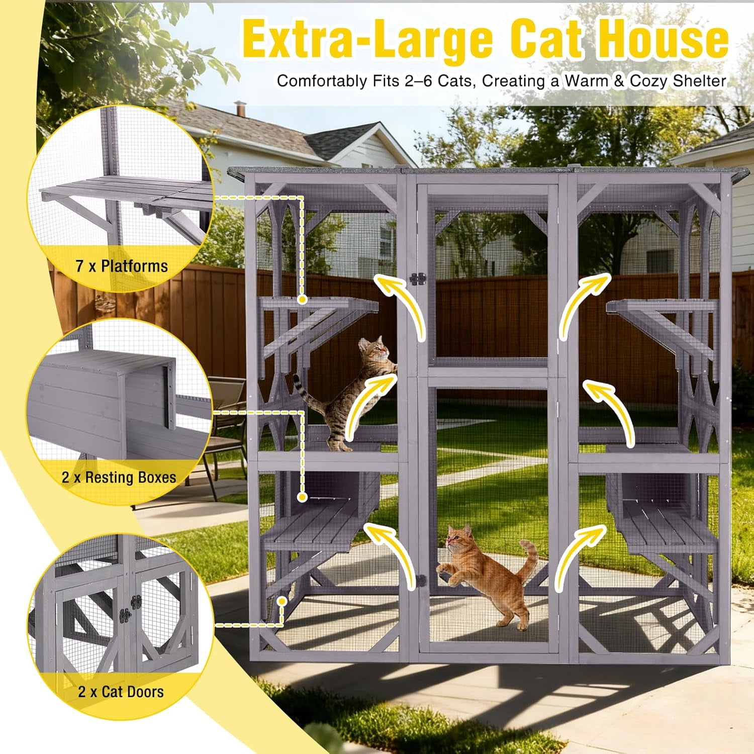 Aivituvin Catio Cat Enclosure Extra Large Window Cat House for Outdoor Cats, Walk-in Kitty Cage with Asphalt Roof, 7 Platforms, 2 Resting Boxes, Indestructible Feral Cat Shelter for Backyard