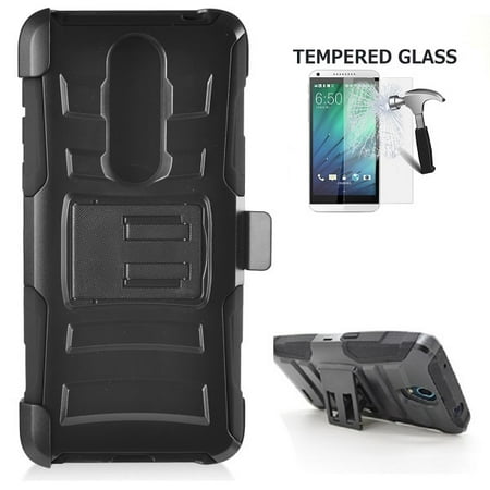 Alcatel Onyx Case, Phone Case for Cricket Wireless Alcatel Onyx Smartphone, Heavy Duty Shockproof Holster Case Cover Swivel Belt Clip Kickstand + Tempered Glass Screen Protector