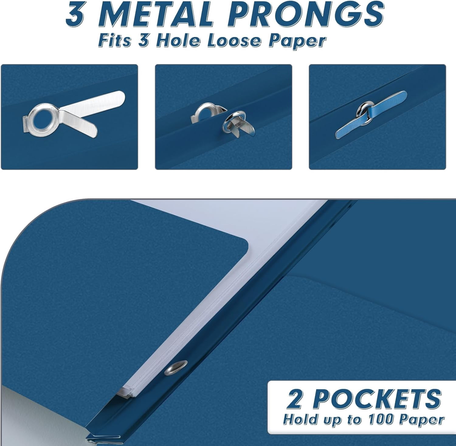 Two Pocket Folders, 30 Pack Two Pocket Folders with Prongs, 3 Prong Folders Designed for Office and Classroom, Letter Size Darkblue