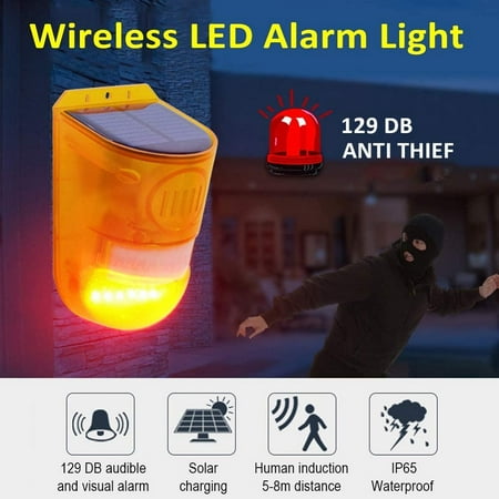 

Solar Sound & Light Alarm Motion Sensor 129 Decibels Siren Sound Alert & 6LEDs Flash Warning Strobe Security Alarm System for Farm Villa